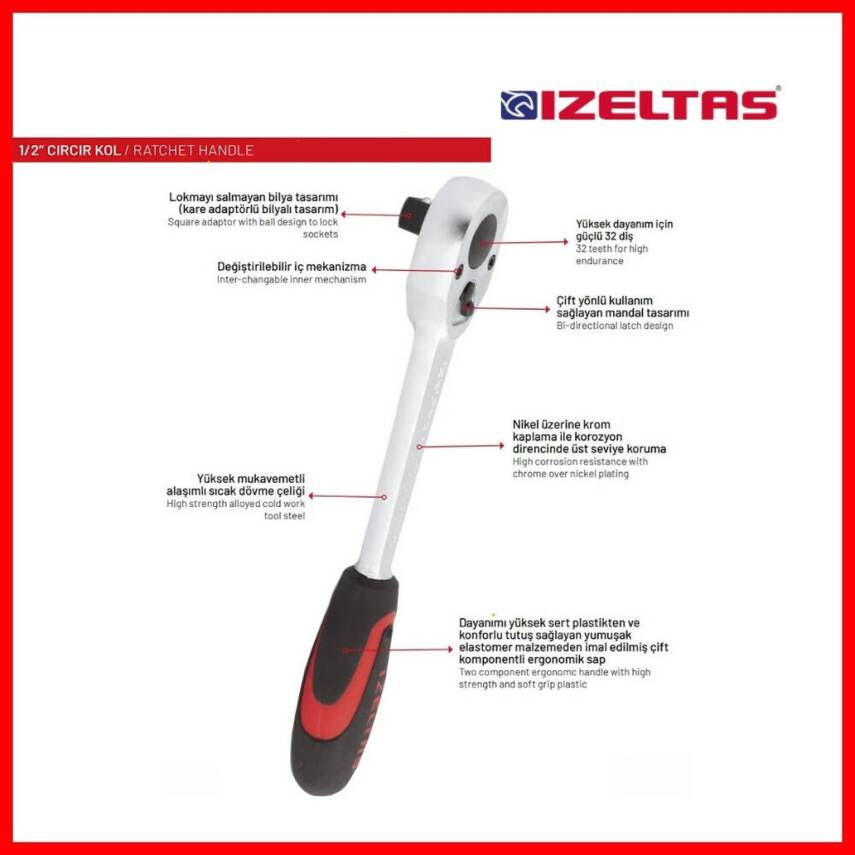 İzeltaş Cırcır Kolu, 1/2 İnç, 250mm, 32 Diş, Dayanıklı, Hassas Kontrol - 5
