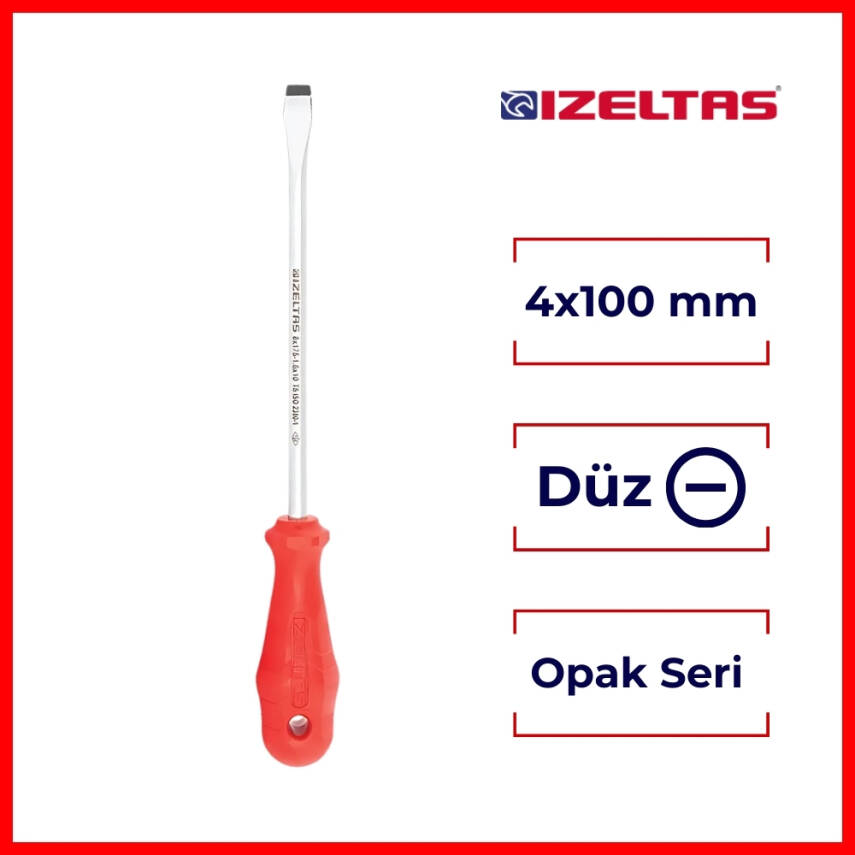 İzeltaş Düz Uçlu Tornavida, 4x100 mm, Opak Seri, Güvenli ve Hassas - 2