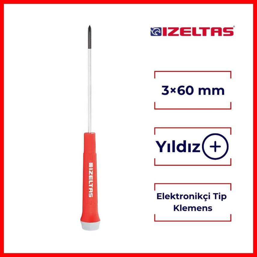 İzeltaş Elektronikçi Tip Klemens Tornavida, Yıldız 3x60mm, Dayanıklı - 2