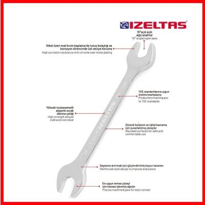 İzeltaş İki Ağız Anahtar Takımı, 12 Parça, Kısa Boy, Dayanıklı Çelik - 4