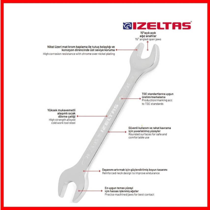 İzeltaş İki Ağız Anahtar Takımı, 12 Parça, Kısa Boy, Dayanıklı Çelik - 4