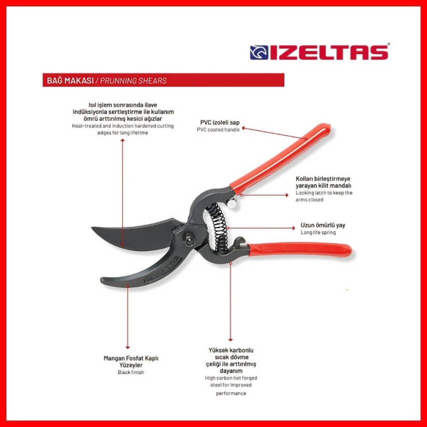 İzeltaş Lüks Bağ Makası, 230 mm, Yüksek Performanslı ve Dayanıklı - 3