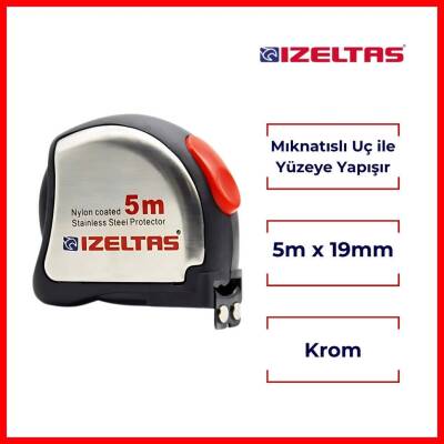 İzeltaş Şerit Metre, Mıknatıslı Uç, Krom, 5 m, 19 mm, Yüzeye Yapışan - 2