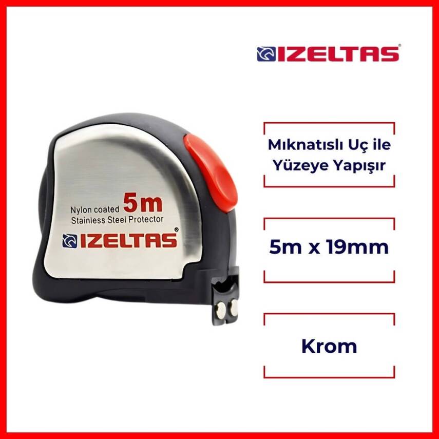 İzeltaş Şerit Metre, Mıknatıslı Uç, Krom, 5 m, 19 mm, Yüzeye Yapışan - 2