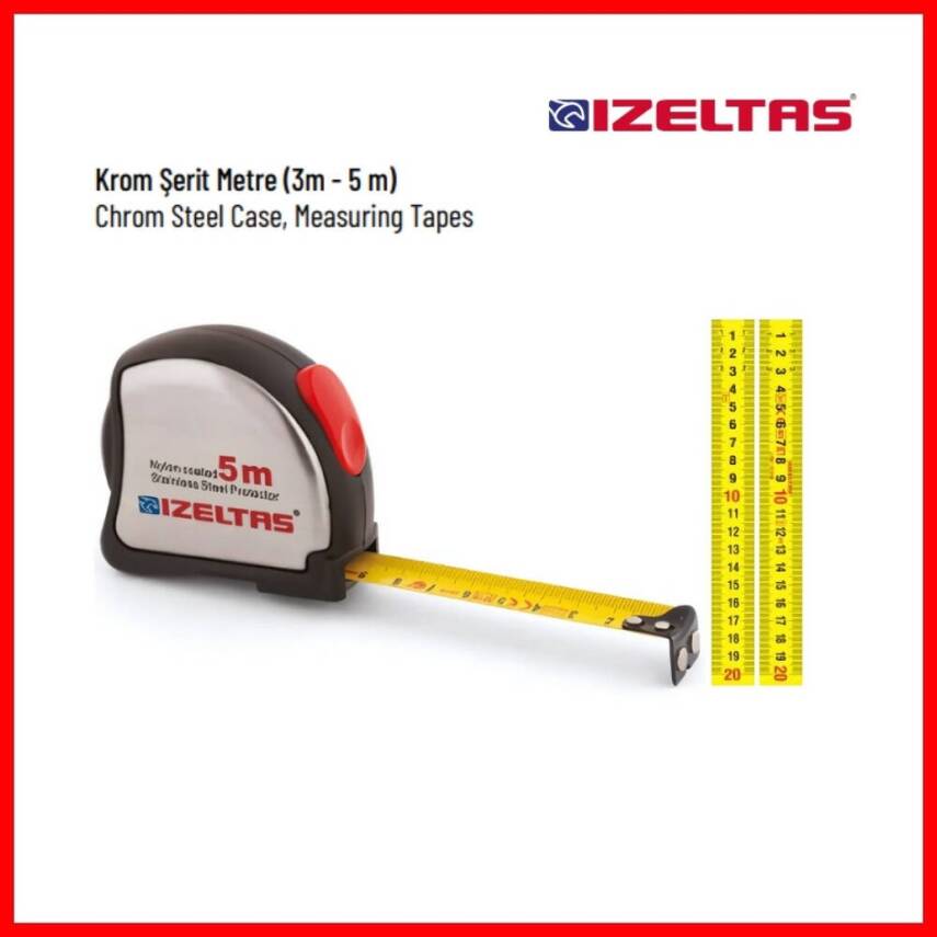 İzeltaş Şerit Metre, Mıknatıslı Uç, Krom, 5 m, 19 mm, Yüzeye Yapışan - 3