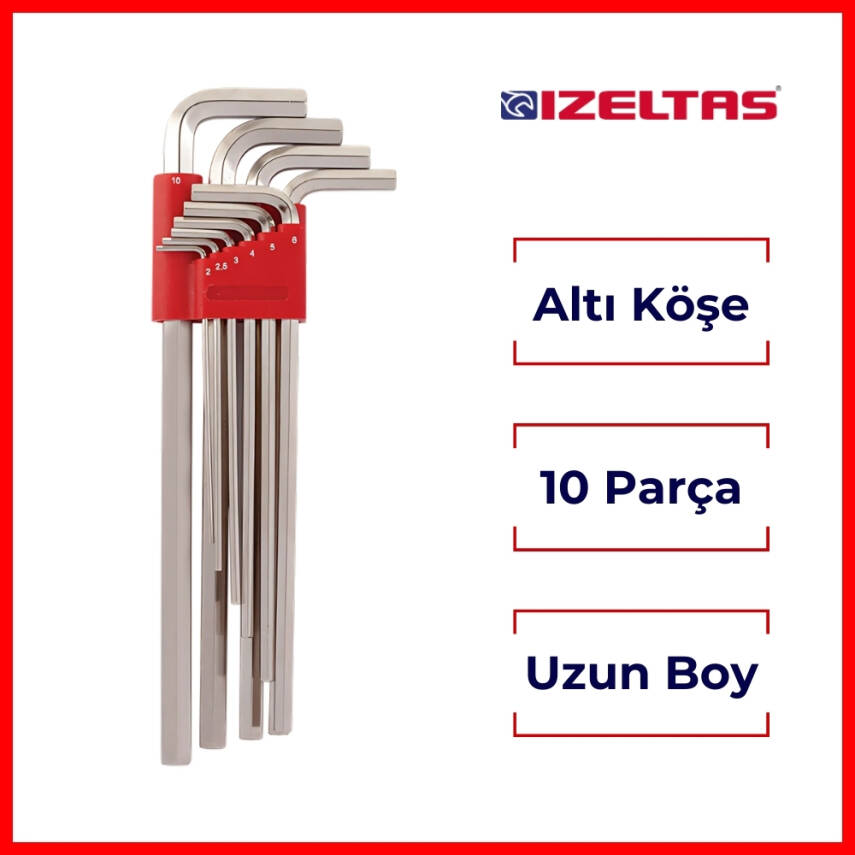 İzeltaş Uzun Altı Köşe Allen Anahtar Takımı, 10 Parça, Dayanıklı Çelik - 3