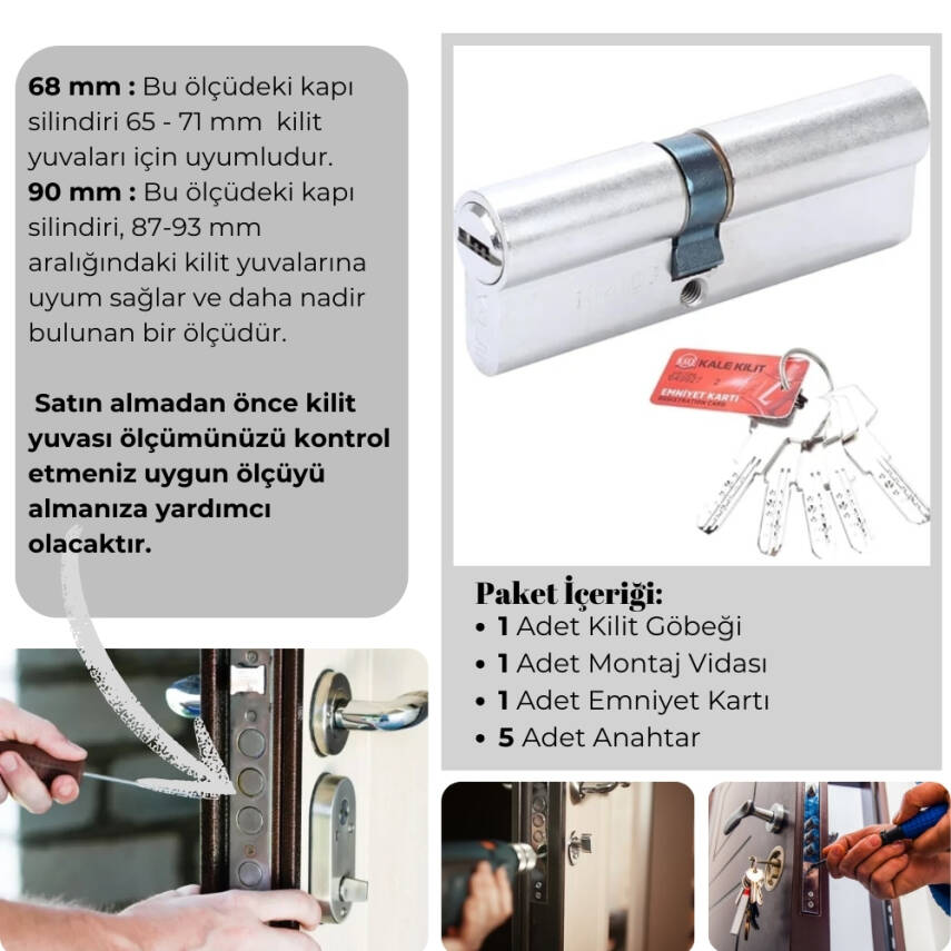 Kale Kilit 164 BNE Kilit Silindiri, Emniyet Kartlı,Bilyalı,90mm, Nikel - 2