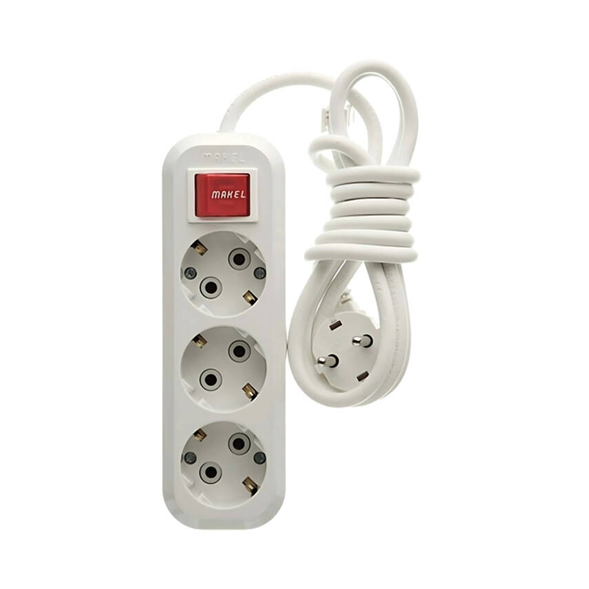 Makel Grup Priz, Anahtarlı Topraklı, 3'lü, 2 m, Beyaz, Dayanıklı - 1