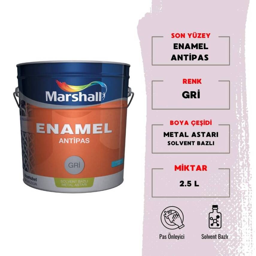 Marshall Enamel Antipas, Solvent Bazlı Metal Astarı, Gri, 0.75L - 1