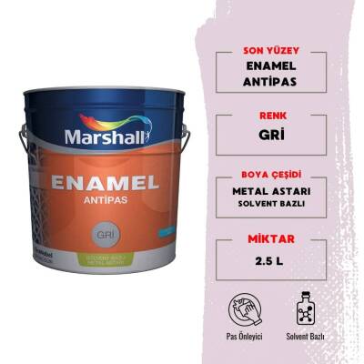 Marshall Enamel Antipas, Solvent Bazlı Metal Astarı, Gri, 2.5 L - Marshall
