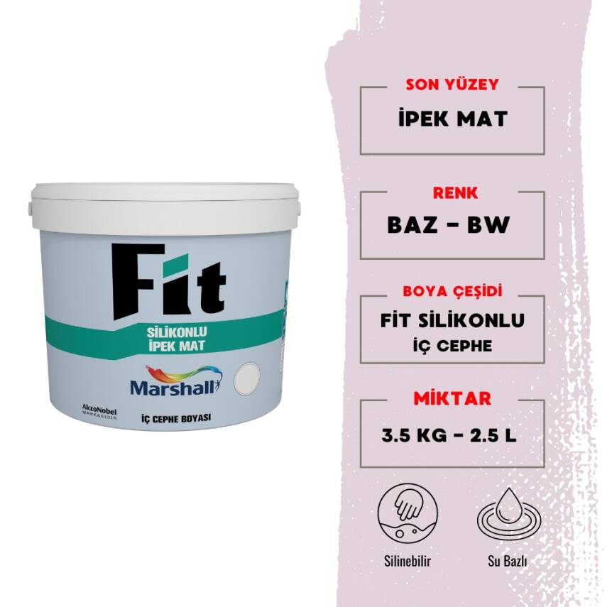 Marshall | Fit Silikonlu İpek Mat, Su Bazlı İç Cephe Boyası, BW, 2.5 L - 3.5 kg - 1