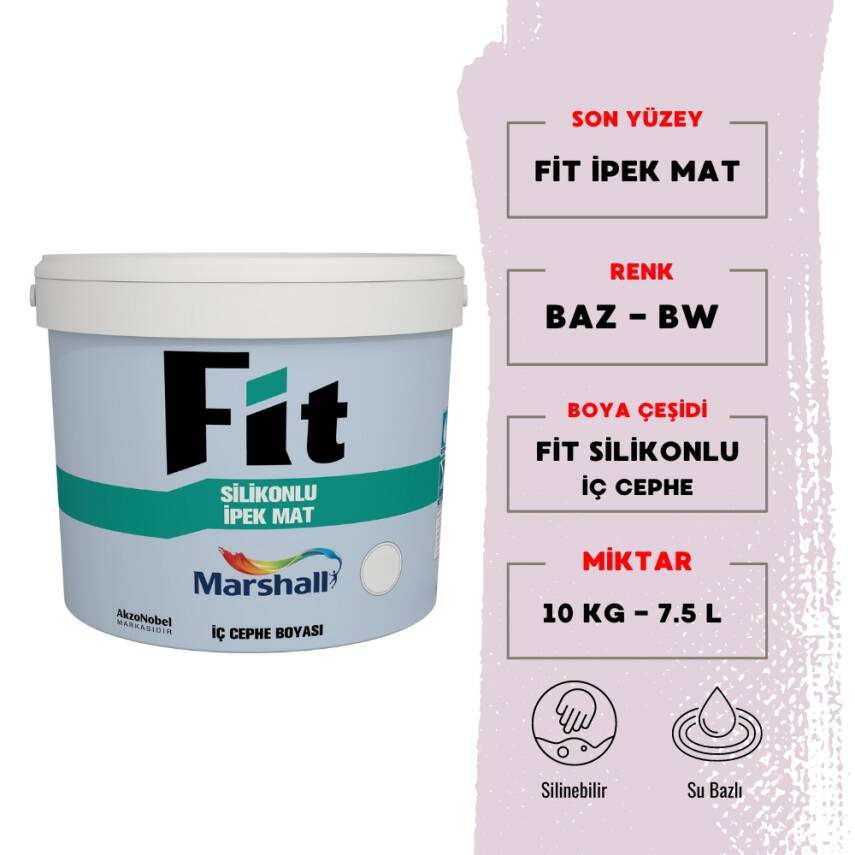 Marshall | Fit Silikonlu İpek Mat, Su Bazlı İç Cephe Boyası, BW, 7.5 L - 10 kg - 1