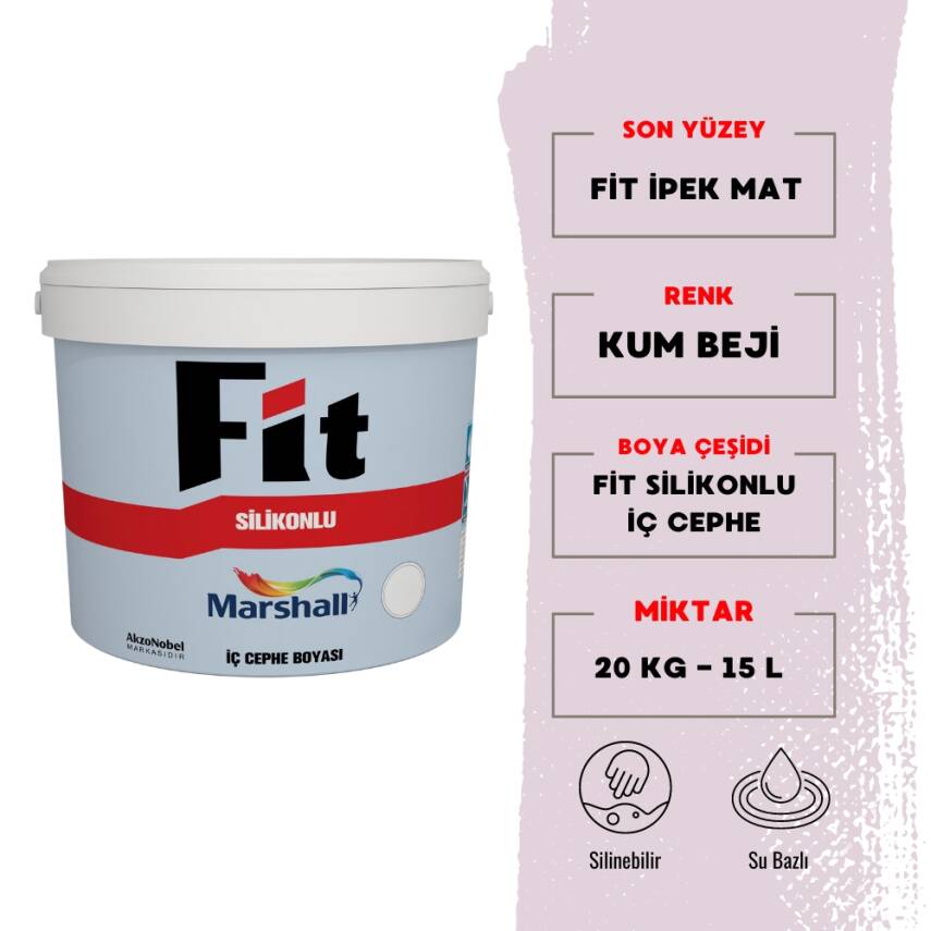 Marshall | Fit Silikonlu İpek Mat, Su Bazlı İç Cephe Boyası, Kum Beji, 15 L - 20 kg - 1
