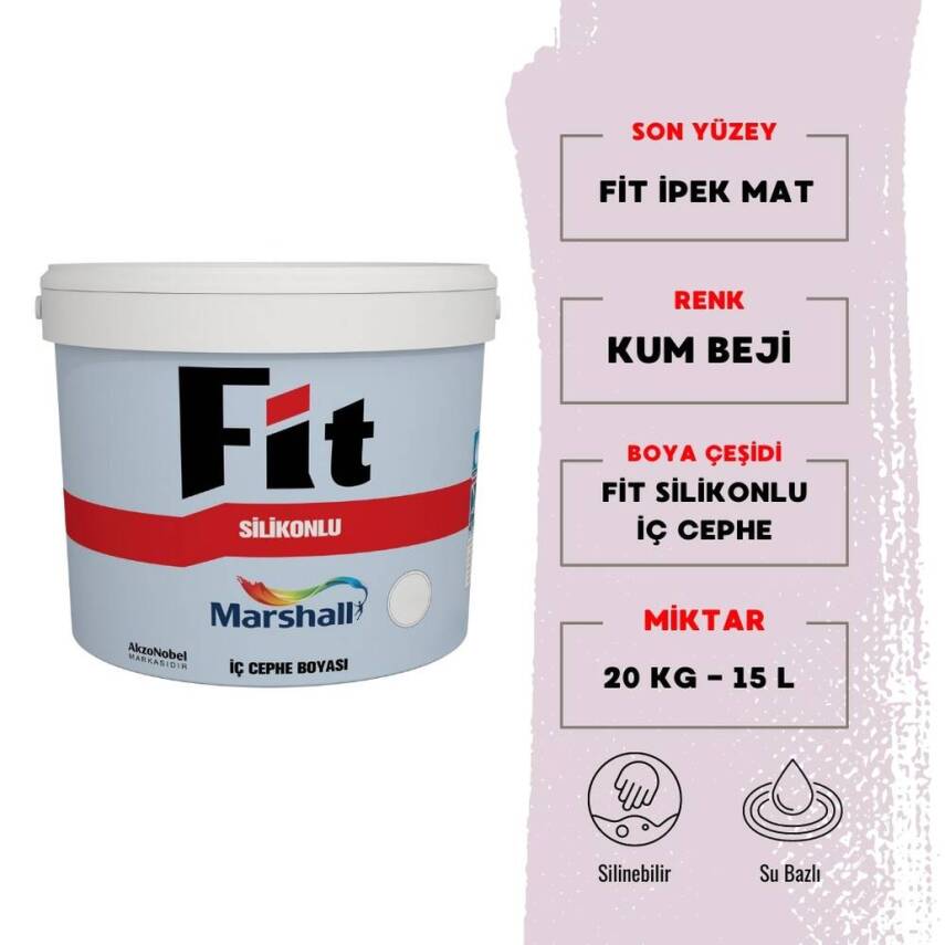 Marshall Fit Silikonlu İpek Mat, İç Cephe Boyası, Kum Beji, 15L, 20kg - 1
