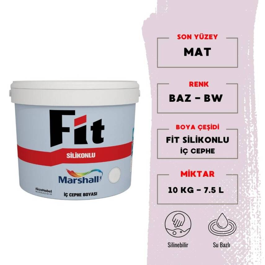 Marshall Fit Silikonlu, Su Bazlı İç Cephe Boyası, BW, 7.5L, 10kg - 1
