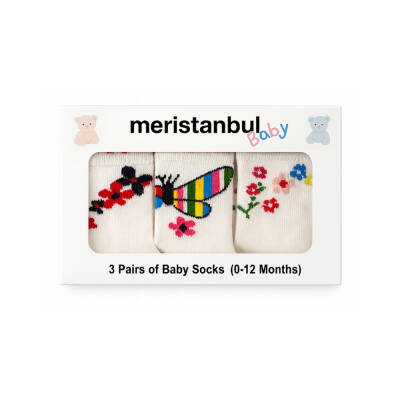 Meristanbul Bebek Çorap Seti, 0-3 ay, 3'lü, Çicek ve Kelebek Desenli - Meristanbul