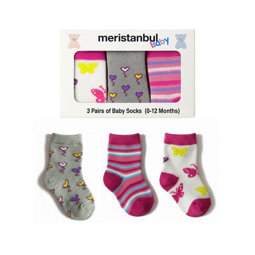 Meristanbul Bebek Çorap Seti, 0-3 ay, 3'lü, Kalp, Kelebek ve Çizgili - 1