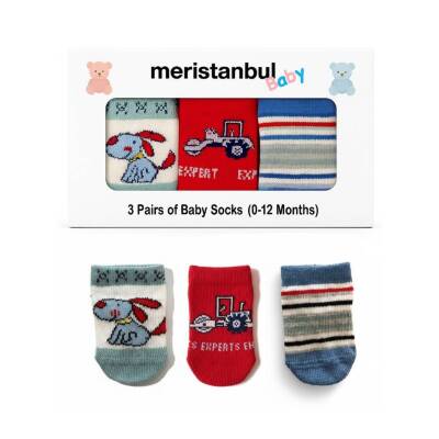 Meristanbul Bebek Çorap Seti, 0-3 ay, 3'lü, Traktör, Köpek ve Çizgili - Meristanbul