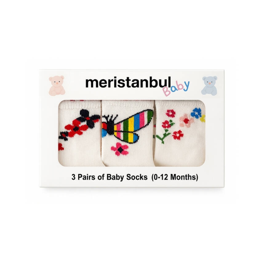 Meristanbul Bebek Çorap Seti, 3-6 ay, 3'lü, Çicek ve Kelebek Desenli - 1