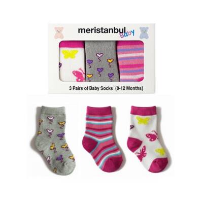 Meristanbul Bebek Çorap Seti, 3-6 ay, 3'lü, Kalp, Kelebek ve Çizgili - Meristanbul