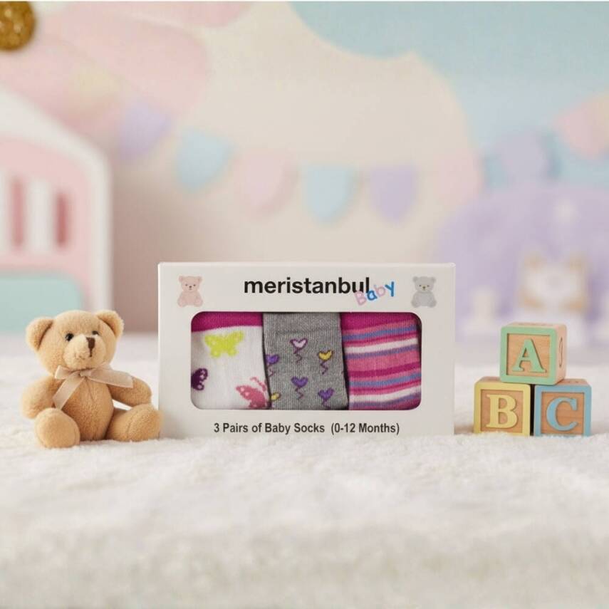 Meristanbul Bebek Çorap Seti, 3-6 ay, 3'lü, Kalp, Kelebek ve Çizgili - 6