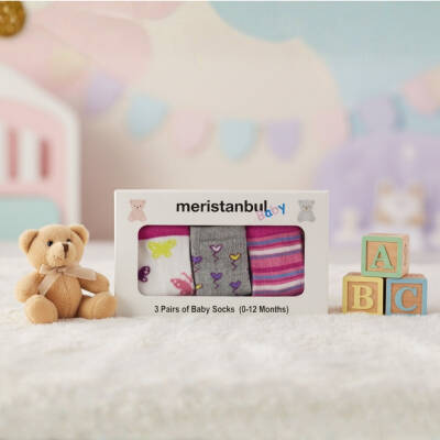 Meristanbul Bebek Çorap Seti, 3-6 ay, 3'lü, Kalp, Kelebek ve Çizgili - 6
