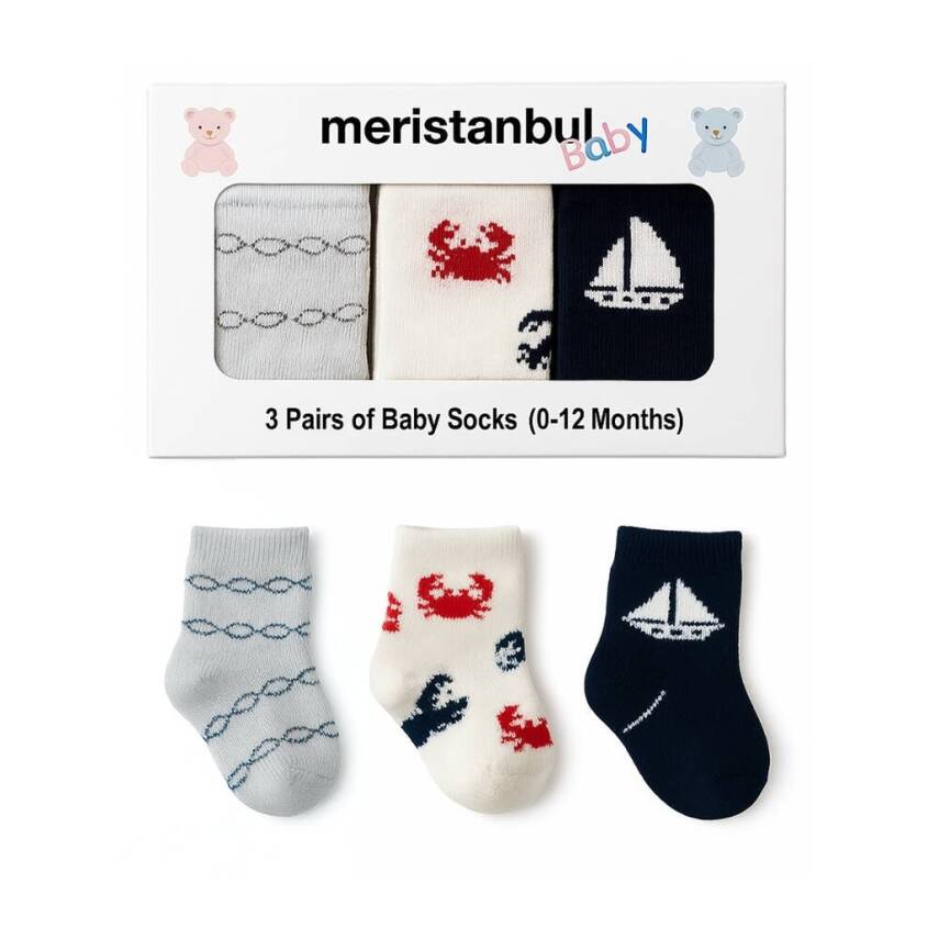 Meristanbul Bebek Çorap Seti, 3-6 ay, 3'lü, Yengeç, Yelken ve Gözlük - 1