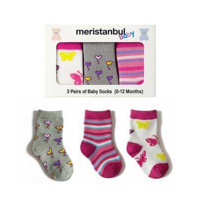 Meristanbul Bebek Çorap Seti, 9-12 ay, 3'lü, Kalp, Kelebek ve Çizgili - Meristanbul