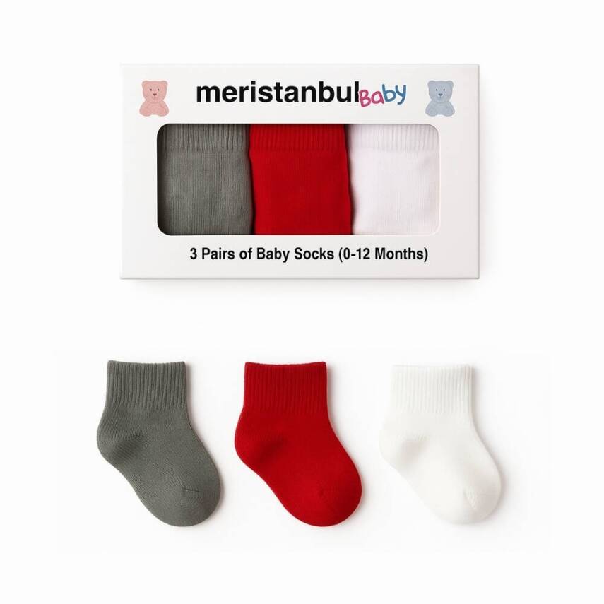 Meristanbul Bebek Çorap Seti, 9-12 ay, 3'lü, Kırmızı, Gri ve Beyaz - 1