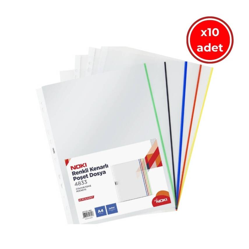 Noki A4 Poşet Dosya, 10 Adet, 5 x 5 Renkli Kenarlı, 25'li Paket - 1