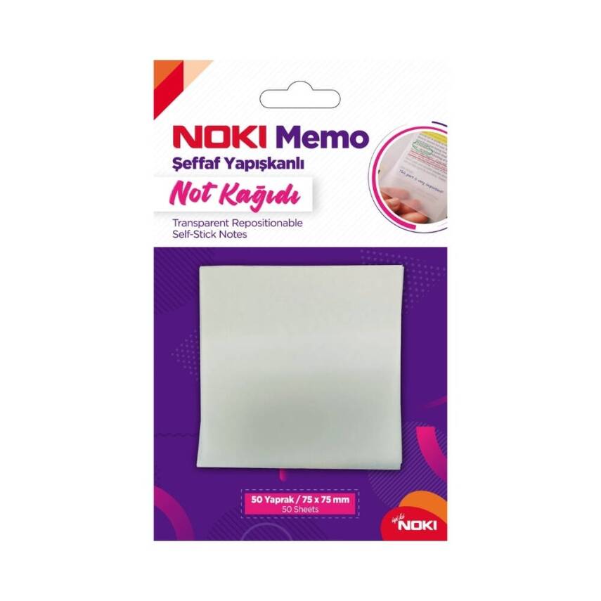 Noki Memo Yapışkanlı Not Kağıdı, Şeffaf, 50 Yaprak, 75x75mm, Dayanıklı - 1