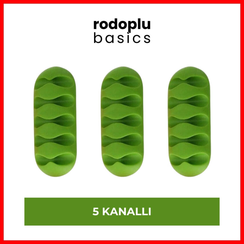 Rodoplu Basics | 5 Kanallı Kablo Tutucu, Masa Üstü ve Duvar Kablo Düzenleyici, Üçlü Paketli USB Kablo Tutucu, Masa Kablo Klipsi, Kablo Yönetimi, Kablo Sabitleyici, 3'lü Paket, Yeşil - 1