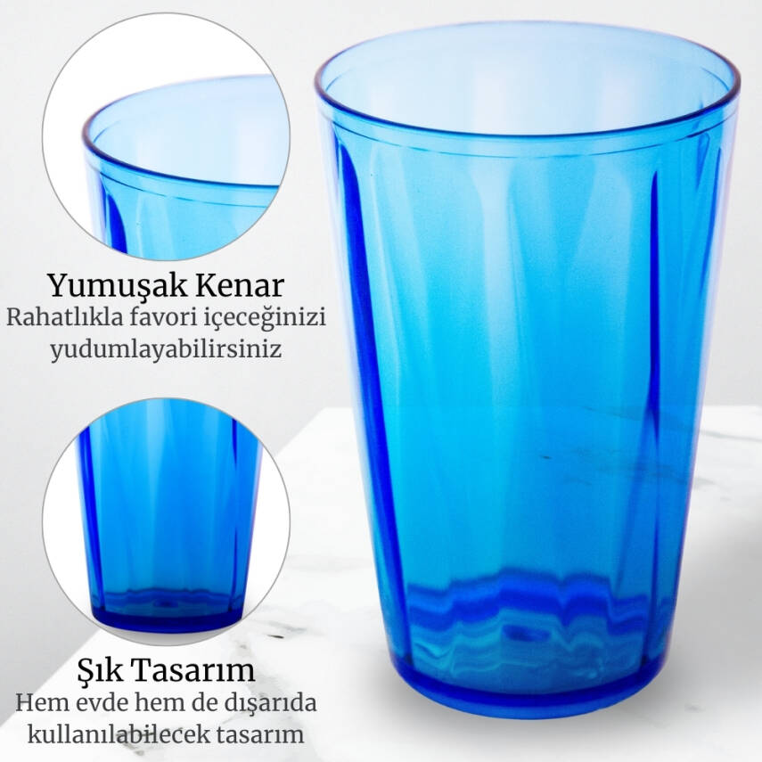 Rodoplu Basics | Meşrubat Bardağı, Mavi, 18 Adet, Kırılmaz, Cam Görünümlü Plastik Bardak, 400 ml - 2