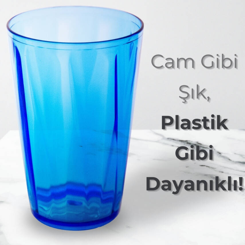 Rodoplu Basics | Meşrubat Bardağı, Mavi, 18 Adet, Kırılmaz, Cam Görünümlü Plastik Bardak, 400 ml - 3