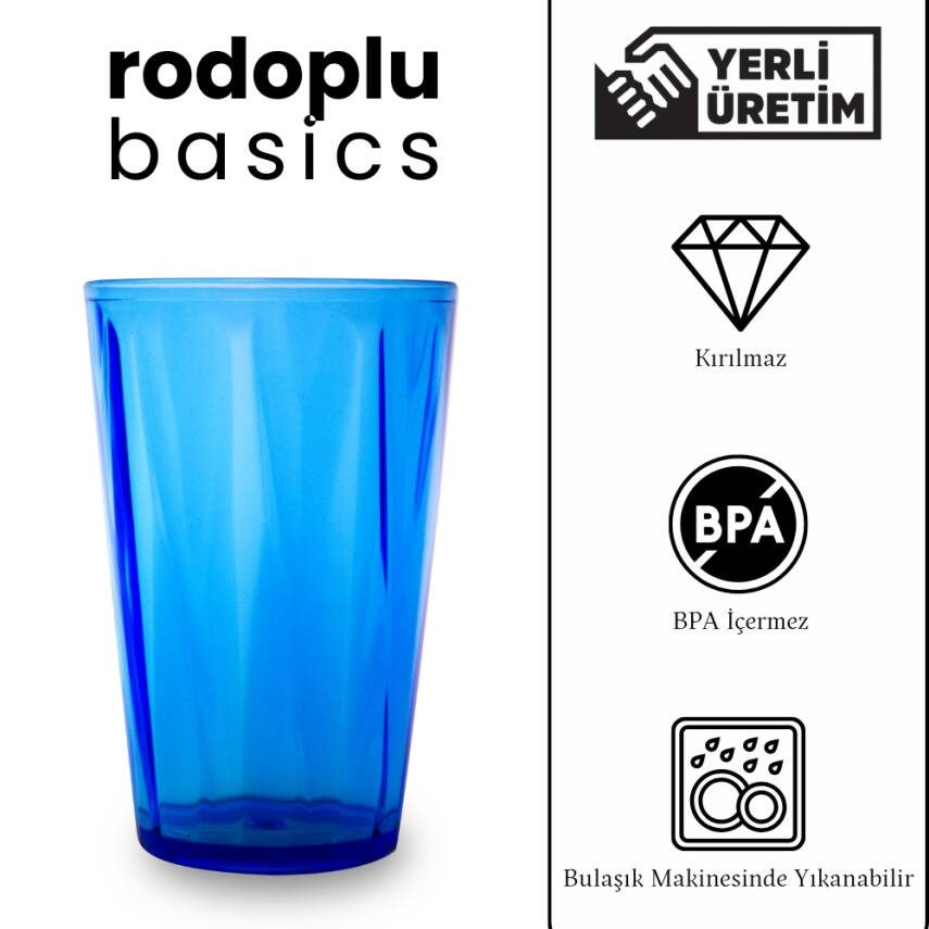 Rodoplu Basics | Meşrubat Bardağı, Mavi, 6 Adet, Kırılmaz, Cam Görünümlü Plastik Bardak, 400 ml - 4