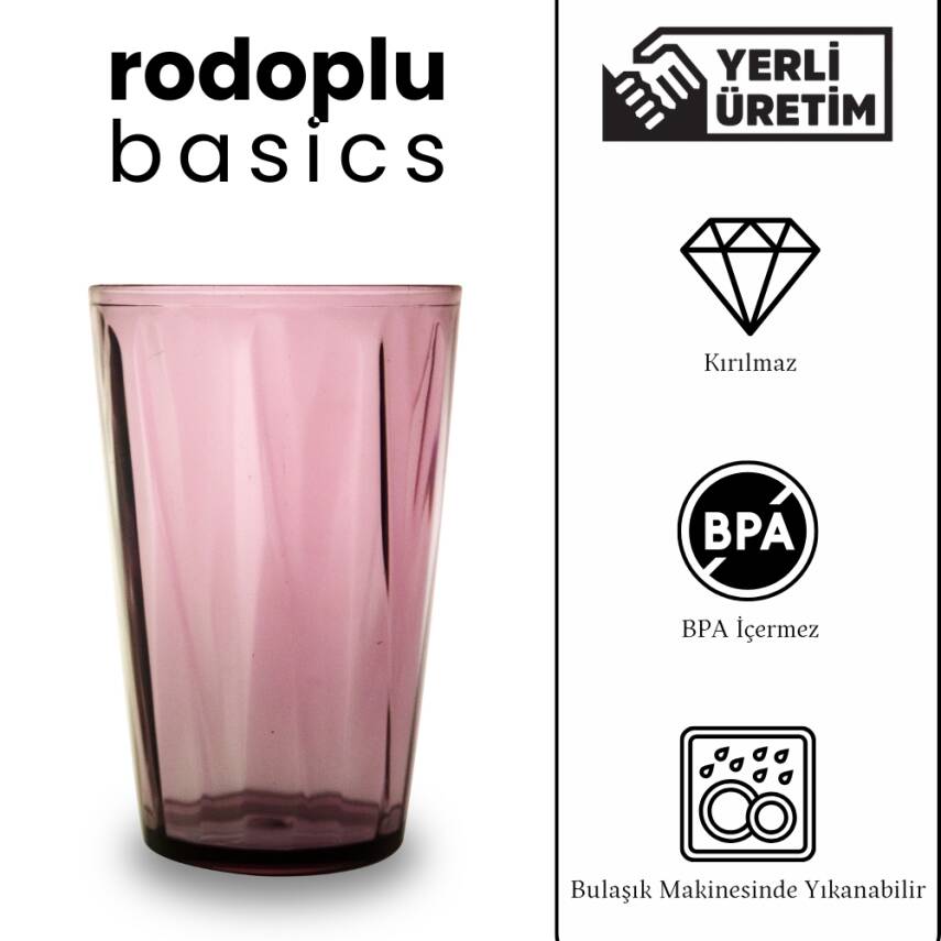 Rodoplu Basics | Meşrubat Bardağı, Mor, 18 Adet, Kırılmaz, Cam Görünümlü Plastik Bardak, 400 ml - 4