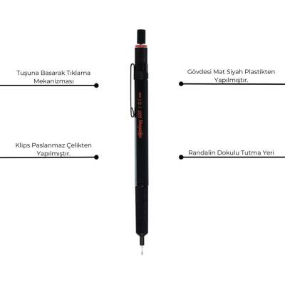 Rotring 500 Versatil Kalem 0.5 mm, Teknik Çizim, Metal Uçlu, Siyah - 4