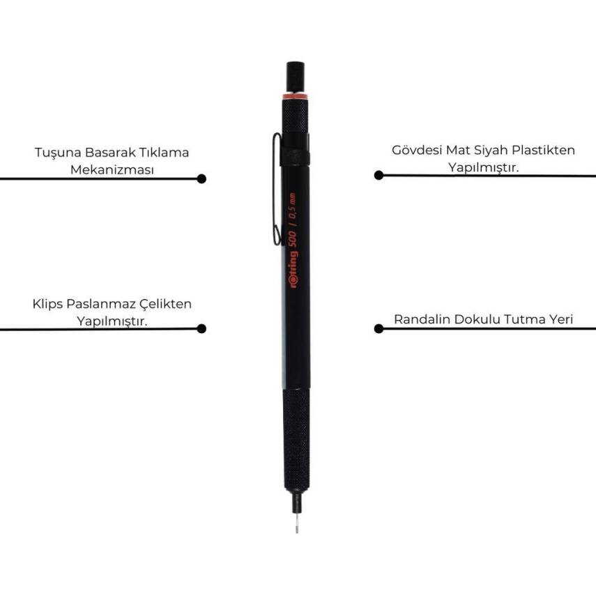 Rotring 500 Versatil Kalem 0.5 mm, Teknik Çizim, Metal Uçlu, Siyah - 4