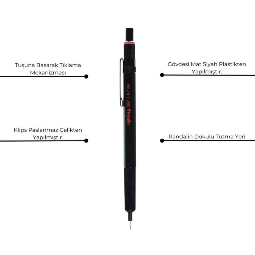 Rotring 500 Versatil Kalem 0.7 mm, Teknik Çizim, Metal Uçlu, Siyah - 5