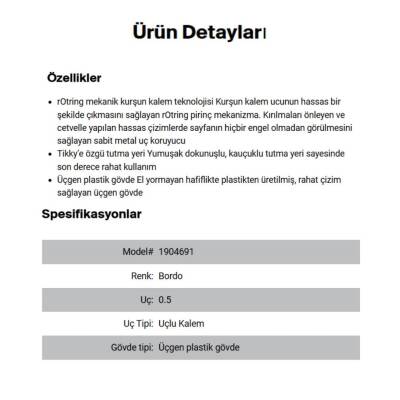 Rotring Tikky Versatil Kalem 0.5mm, Ergonomik ve Dayanıklı Yapı, Bordo - 4