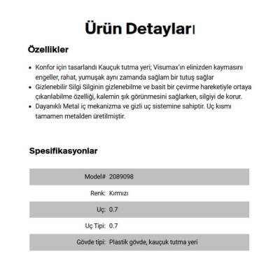Rotring Visumax Versatil Kalem 0.7 mm, Kauçuk Tutuş, Silgili, Kırmızı - 4