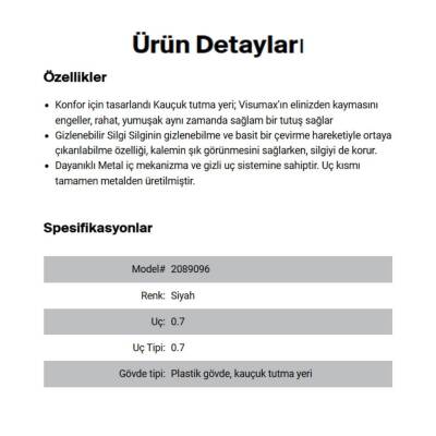 Rotring Visumax Versatil Kalem 0.7 mm, Kauçuk Tutuş, Silgili, Siyah - 5