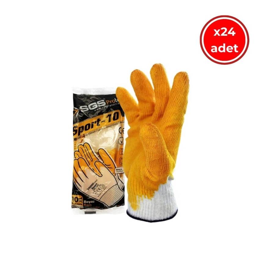 SGS Protect Sport-10 Eldiven, 24 Adet, Latex Kaplı, 10XL, Beyaz-Sarı - 1