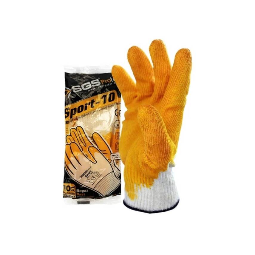 SGS Protect Sport-10 Eldiven, 24 Adet, Latex Kaplı, 10XL, Beyaz-Sarı - 2