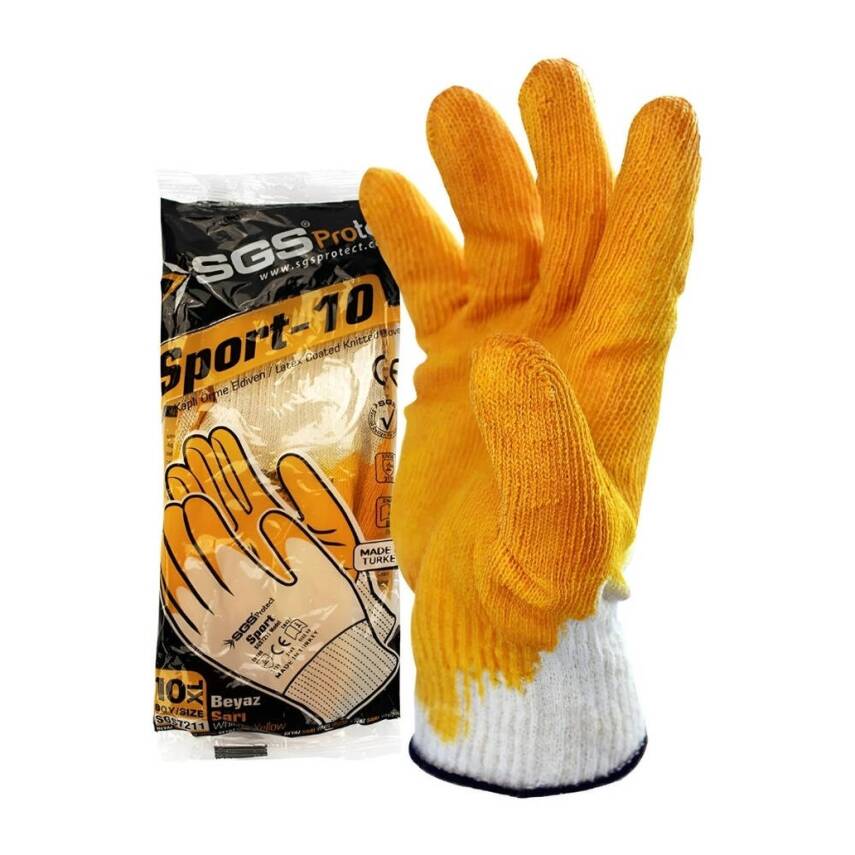 SGS Protect Sport-10 Eldiven, Latex Kaplı Eldiven, 10XL, Beyaz - Sarı - 1