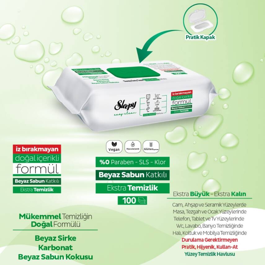 Sleepy Easy Clean Yüzey Temizlik Havlusu, 100'lü, Beyaz Sabun, Doğal - 6