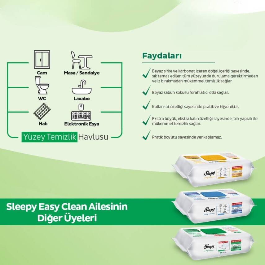 Sleepy Easy Clean Yüzey Temizlik Havlusu, 100'lü, Beyaz Sabun, Doğal - 7