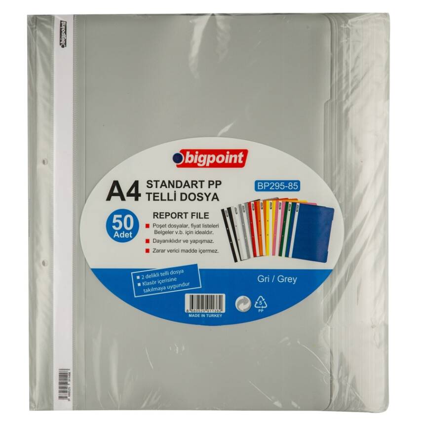 Bigpoint Telli Dosya, Kalın Kapaklı, Poşet Dosyalara Uyumlu - 80 gram (180 Adet A4) Kapasiteli, Gri, 50 Adet - 1