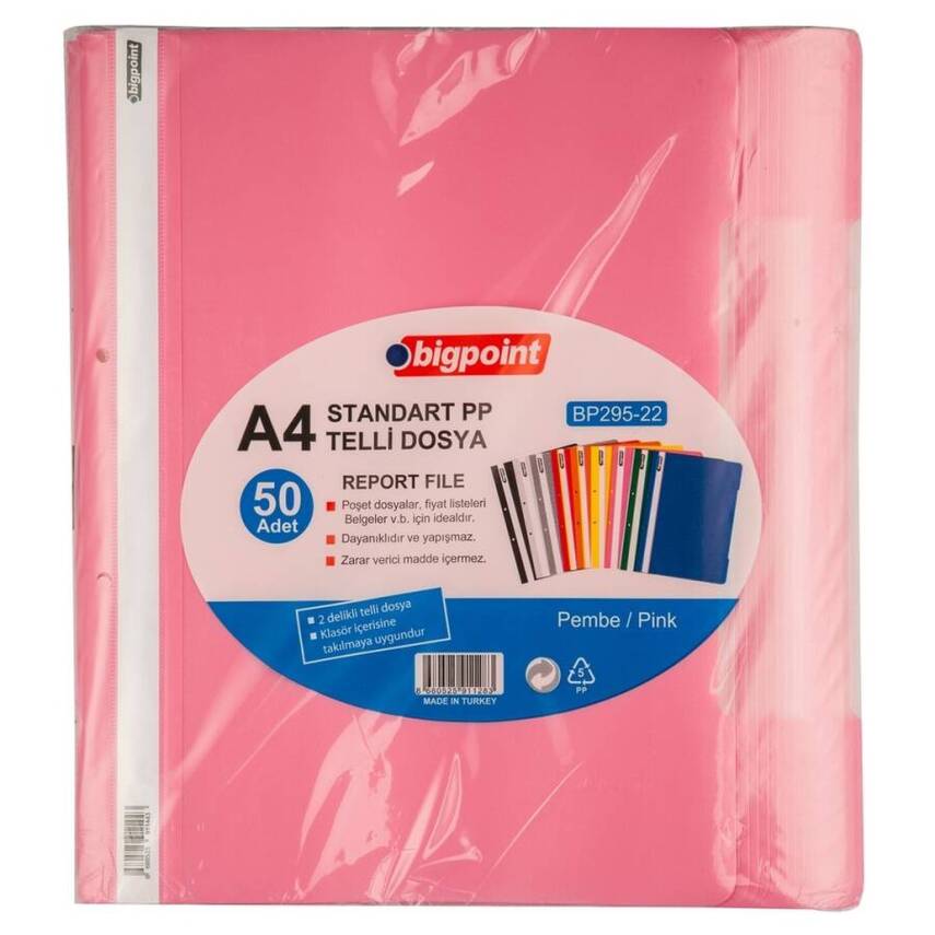 Bigpoint Telli Dosya, 50'li Paket, Kalın Kapaklı, A4, Metal Tel, Pembe - 1