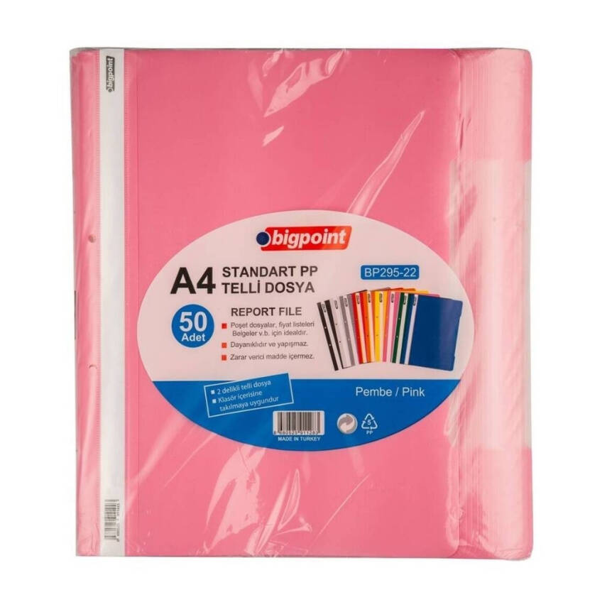 Bigpoint Telli Dosya, 50'li Paket, Kalın Kapaklı, A4, Metal Tel, Pembe - 3